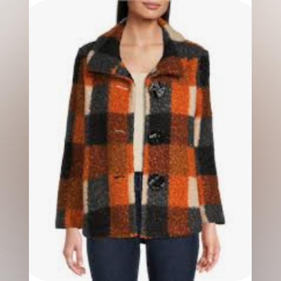 Ali Miles Women's Large Buffalo Plaid 3/4 sleeve Fuzzy Peacoat - Picture 12 of 12